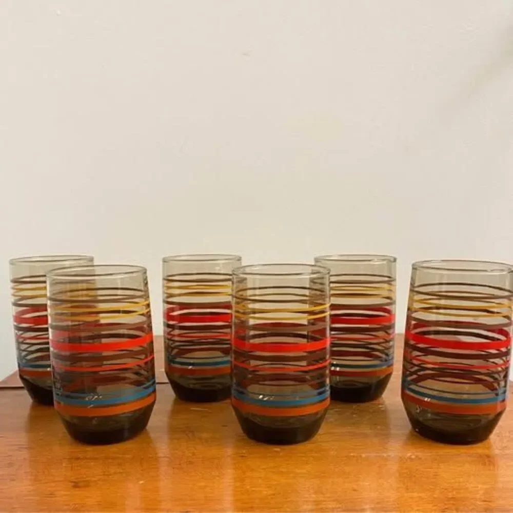Vintage Dominion smoked amber retro striped juice glasses set of 6